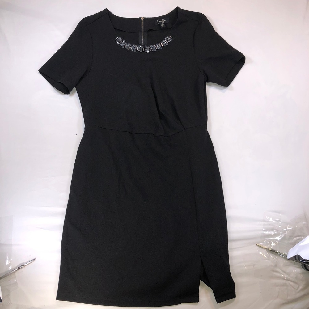 Jessica Simpson Black Embellished Neck Sheath Dress XL Short Sleeve Slit 01728